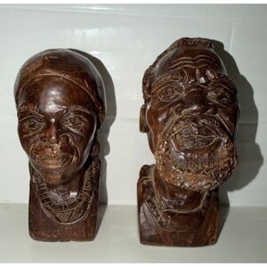 Pair Hand Carved Wood Bust Sculptures African Man Woman 7" Folk Art